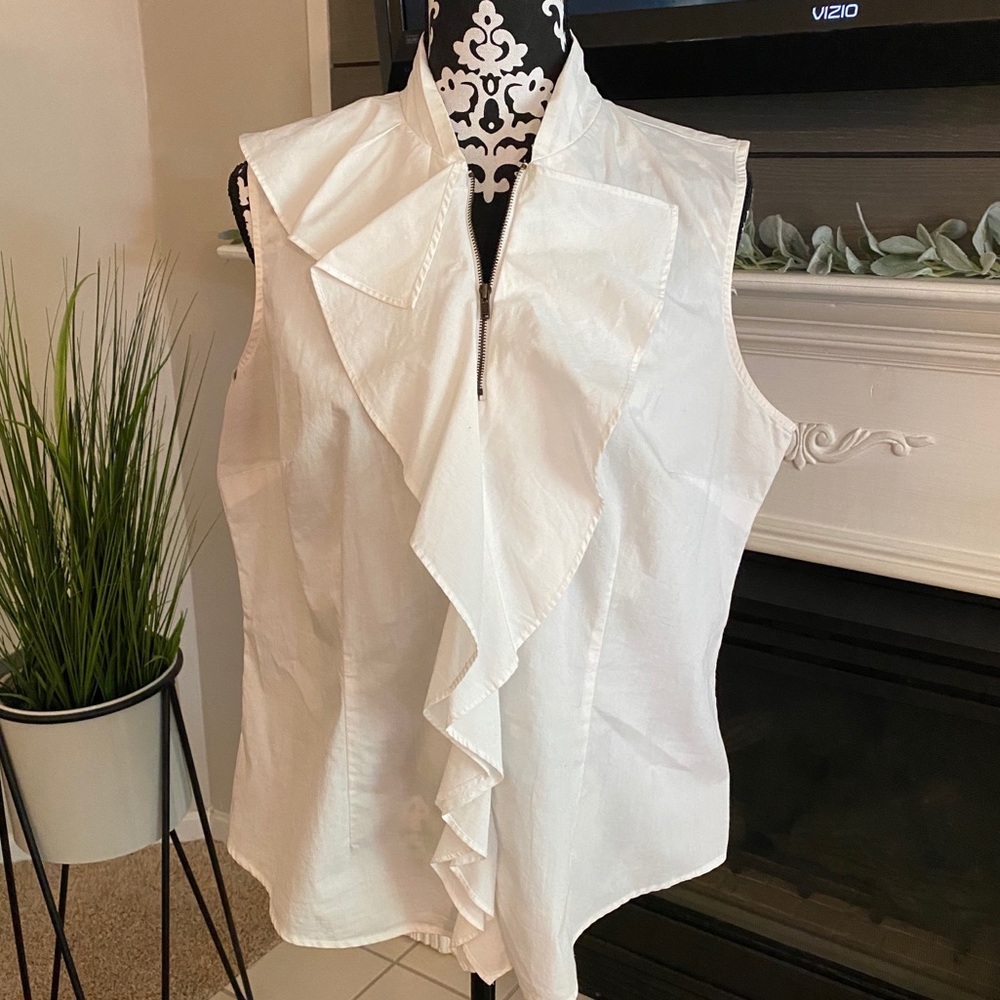 Worthington White Ruffle Blouse with Zip Front